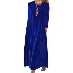 Melliflo Velvet Dress for Women Casual Crewneck Shirt Dresses Elegant Cocktail Long Sleeve Maxi Dress with Pocket (Blue, S)