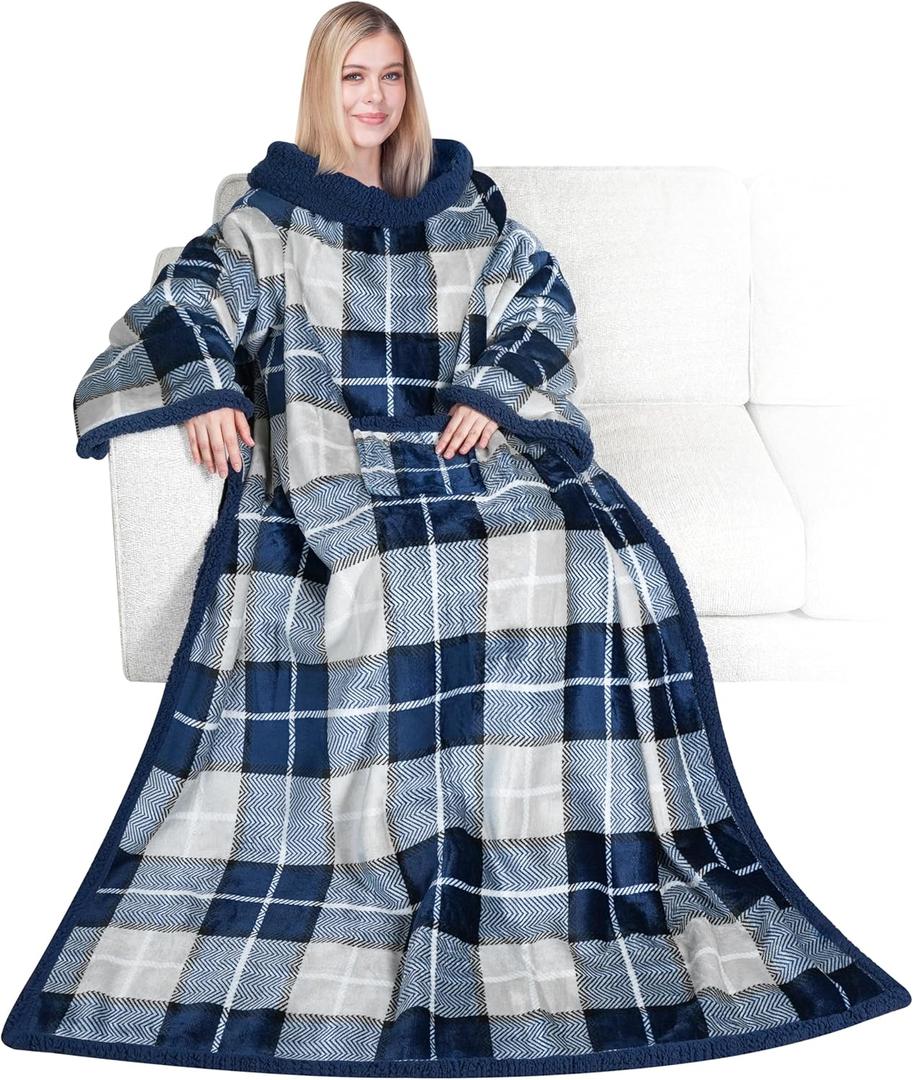 PAVILIA Sherpa Fleece Blanket with Sleeves Women Men Adult, Wearable Blanket Warm Soft Plush Thick, Snuggle Pocket Sleeved TV Throw Wrap, Cozy Ideas Mom Wife, Plaid Blue