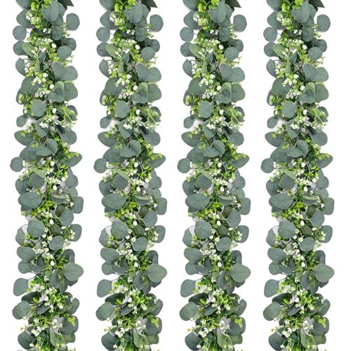Waipfaru 4Pcs Eucalyptus Garland, 5.9FT Greenery Garland, Green Garland with Flowers, Artificial Faux Silver Dollar Eucalyptus Leaves Vines for Table Home Wedding Mantle Party Indoor Outdoor Decor