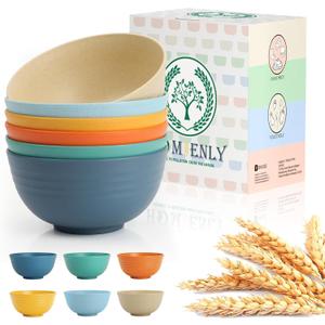 Homienly Wheat Straw Bowls Unbreakable Cereal Bowls for Kitchen, Camping, RV, Plastic Bowls Set of 6 Microwave and Dishwasher Safe Breakfast Bowl (26oz, Multi)