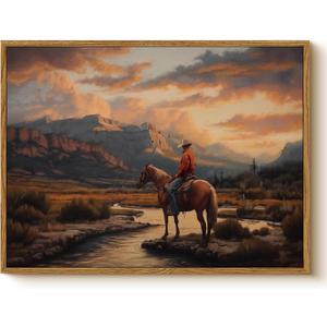 Western Cowboy Framed Canvas Wall Art 12x16 Inch, Horse Rider at Sunset Print Rustic Mountain Landscape painting, American West Country Home Office Bedroom Wall Dcor