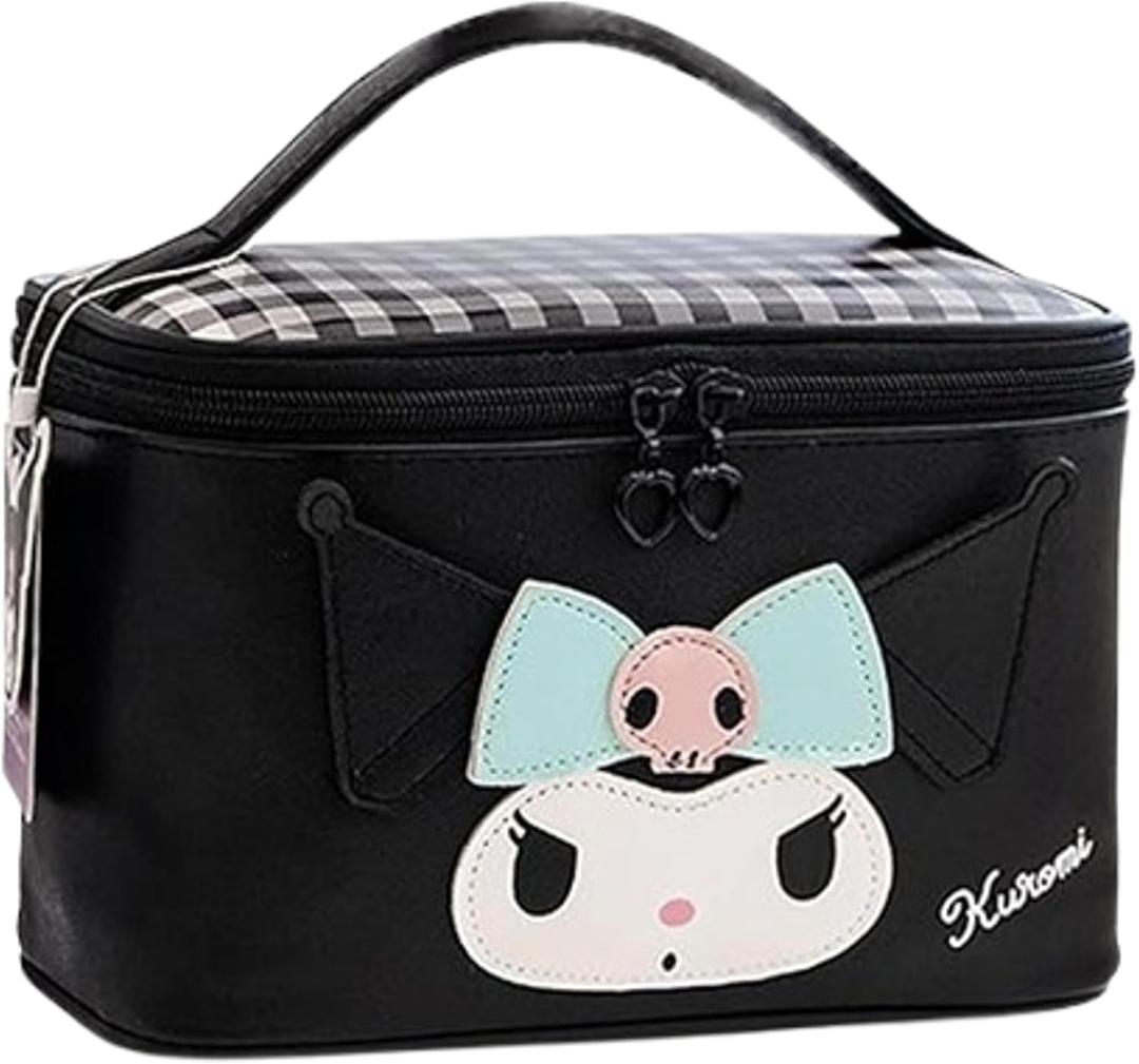 Kuromi PU Cosmetic Bag Makeup Pouch Travel Portable Vanity Case Organizer with Handle - Black