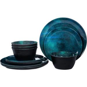 Melamine Dinnerware Sets for 4, 12pcs Plates and Bowls Sets for Daily Use, Dishwasher Safe, BPA-free, Teal Green
