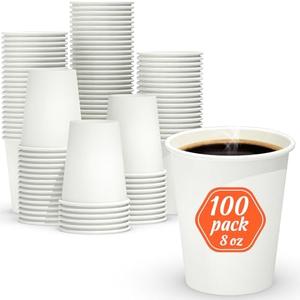 Dealusy 100 Count 8 oz Coffee Cups, Leak-Free Food Safe Paper Cups 8 oz, Disposable 8oz White Paper Cups for Cold and Hot Drinks