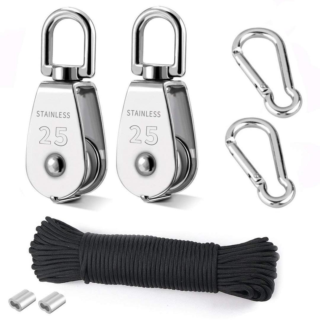 TooTaci 25MM Pulley System, 2 Pcs M25 304 Stainless Steel Pulleys Block with 66ft Nylon Rope & Spring Snap Hook, Single Pulley Wheel for Indoor Outdoor Lifting Project