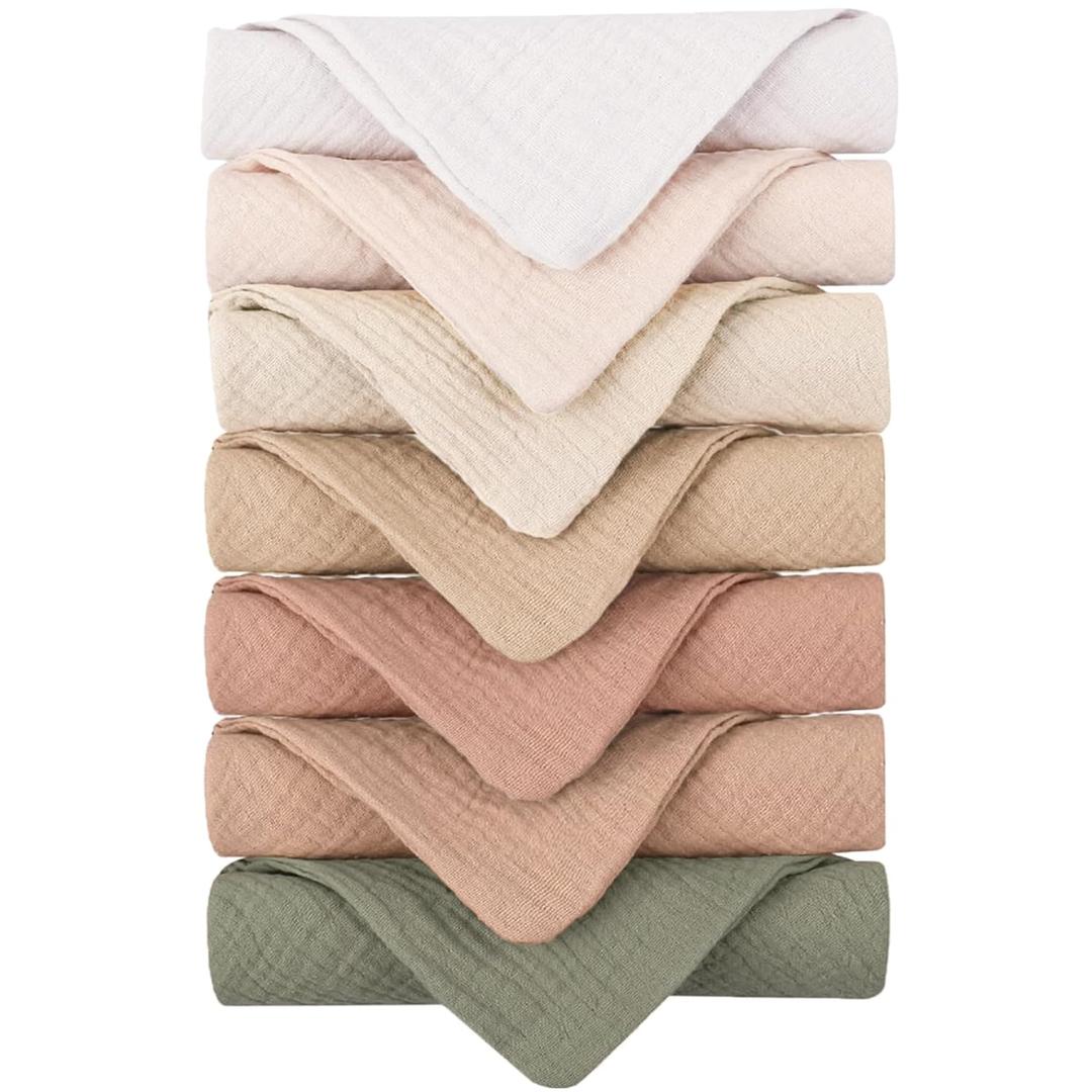 Konssy Baby Muslin Washcloths 7-Pack, 100% Cotton Baby Bath Washcloths, Soft & Absorbent Wash Cloths and Burp Cloths for Newborn Kids Girls & Boys, 11x11 inches (Pastel)