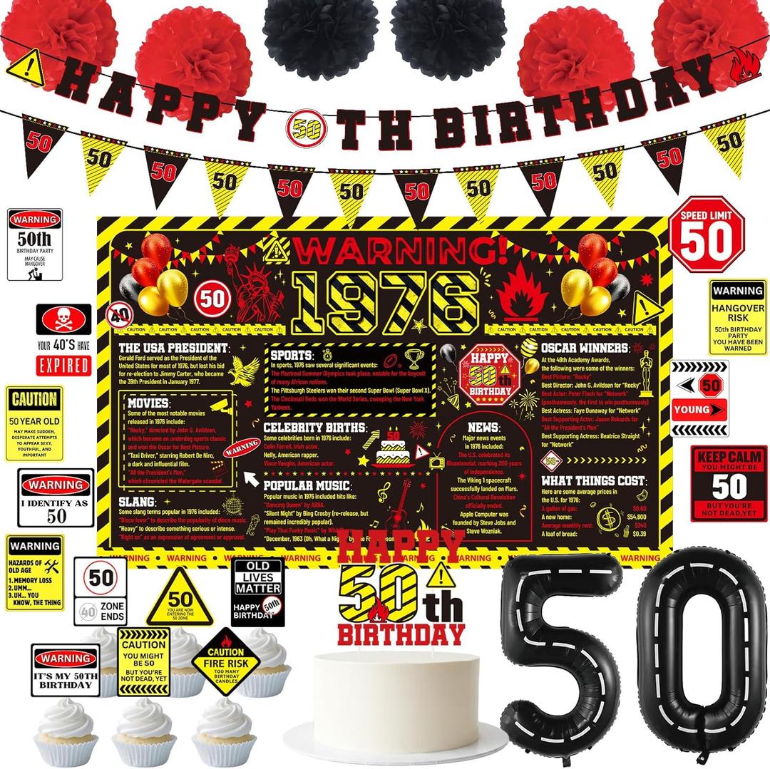 Gameza 50th Birthday Decorations for Men Women, 33PCS Caution Logos Themed 50th Birthday Party Decorations with Banner Balloons Cake Cupcake Toppers Paper Poms Backdrop Stickers, 50 Years Old Decor