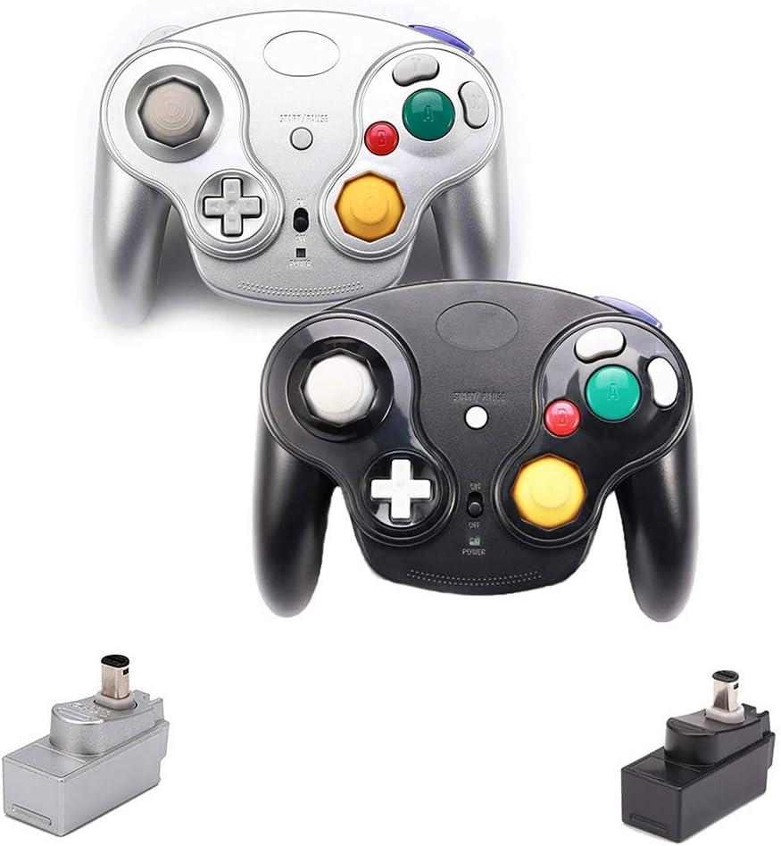 VTone Wireless Game Cube Controller, 2 Pieces 2.4G Wireless Classic Gamepad with Receiver Adapter for Wii Game Cube NGC GC (Black and Silver)