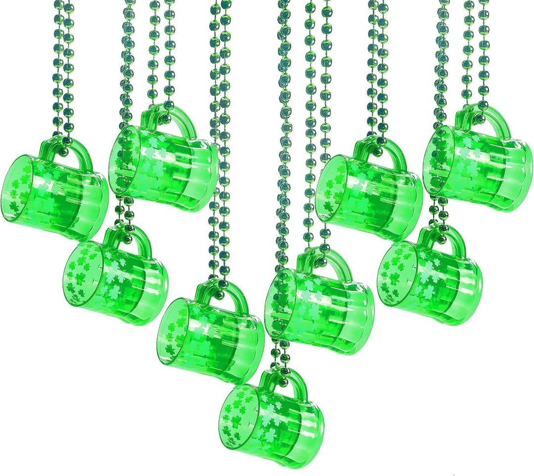 4E's Novelty St Patricks Day Shot Glasses Bead Necklaces, Pack of 12  Green Irish Gifts Party Favors Supplies, St Patricks Day Accessories for Adults (Transparent Green With Shamrock)