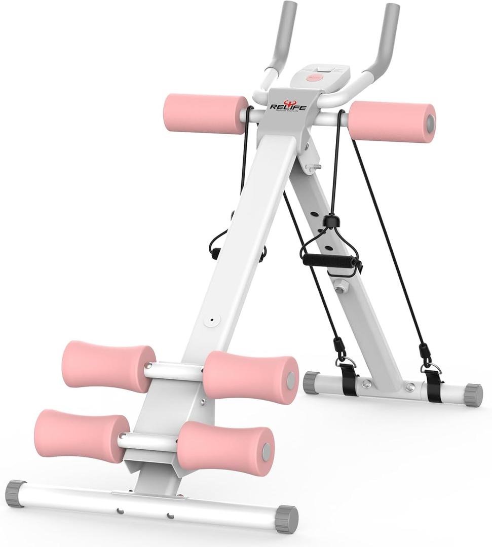 RELIFE REBUILD YOUR LIFE AB Workout Machine Adjustable Ab Trainer Machine Foldable Ab Cruncher Strength Training Equipment for Home Gym, Full Body Workout Equipment 440 LBS (Pink)