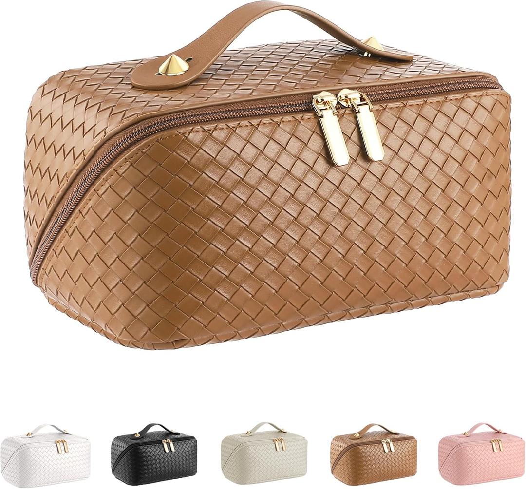 Large Capacity Travel Cosmetic Bag - Portable Makeup Bags for Women Waterproof PU Leather Checkered Makeup Organizer Bag with Dividers and Handle,Toiletry Bag for Cosmetics (Medium, brown woven)
