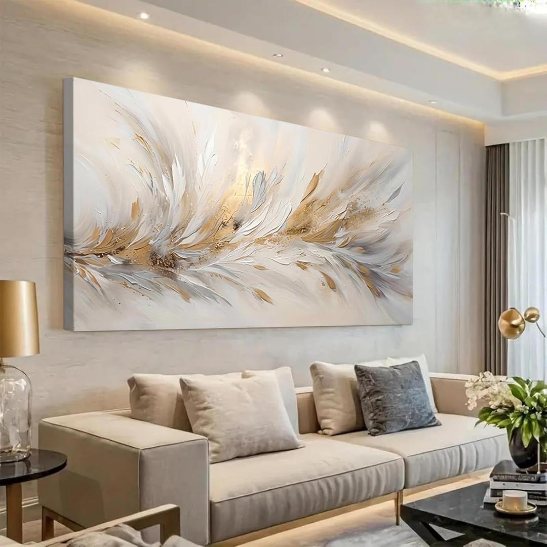 ONEOLTN 3D Textures Large Abstract Wall Art Modern Elegant Golden Feather for Living Room Bedroom Office Wall Decor Canvas Print Painting Luxury Minimalist Art Feather Pictures 24x48In