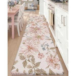 DEXI Kitchen Mats for Floor, 23x86 Spring Cushioned Standing Mat Anti Fatigue, Wide Waterproof Comfort Floral Padded for Laundry Room Office, Pink