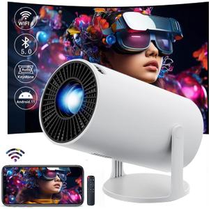 HY300 Projector with WIFI6 and Bluetooth, 4K 1080P Support with Android TV 11.0, Mini Portable Projector 180 Rotatable Movie Projector ,Auto Keystone Compatible for Laptop, PC, Smartphone (White)