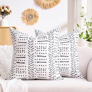 White Decorative Throw Pillow Covers Boho Cushion Covers Striped Pattern Farmhouse Pillow Covers 18x18 Square Country Throw Pillow Covers Set of 2 for Sofa Bed Living Room Home Decor