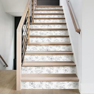 15Pcs Leather Textured Vinyl Peel and Stick Stair Riser Decals, Self-Adhesive Staircase Riser Stickers, Sketch Floral with White Background, 39.37"x7.09"