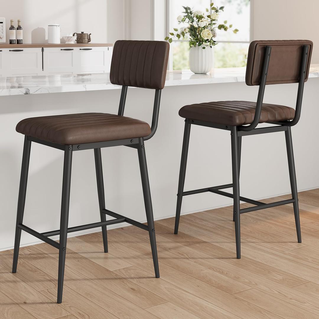 IDEALHOUSE Bar Stools Set of 2 w/Back & Footrest, Counter Height Bar Stools Set of 2 with Thick Cushion & Thickened Metal Legs, Upholstered Counter Height Bar Stools for Island, Counter BarBrown