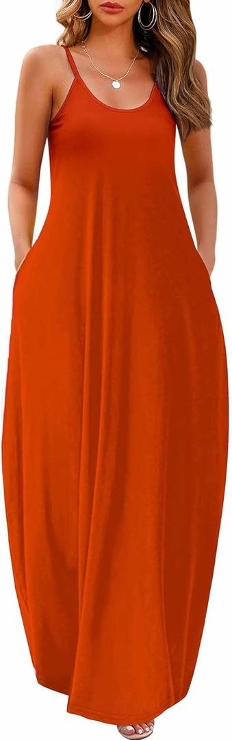 Wolddress Womens Maxi Dress with Pockets 2026 Casual Strap Plus Size Loose Plain Long Office Summer Beach Travel Dresses (Large, Orange)