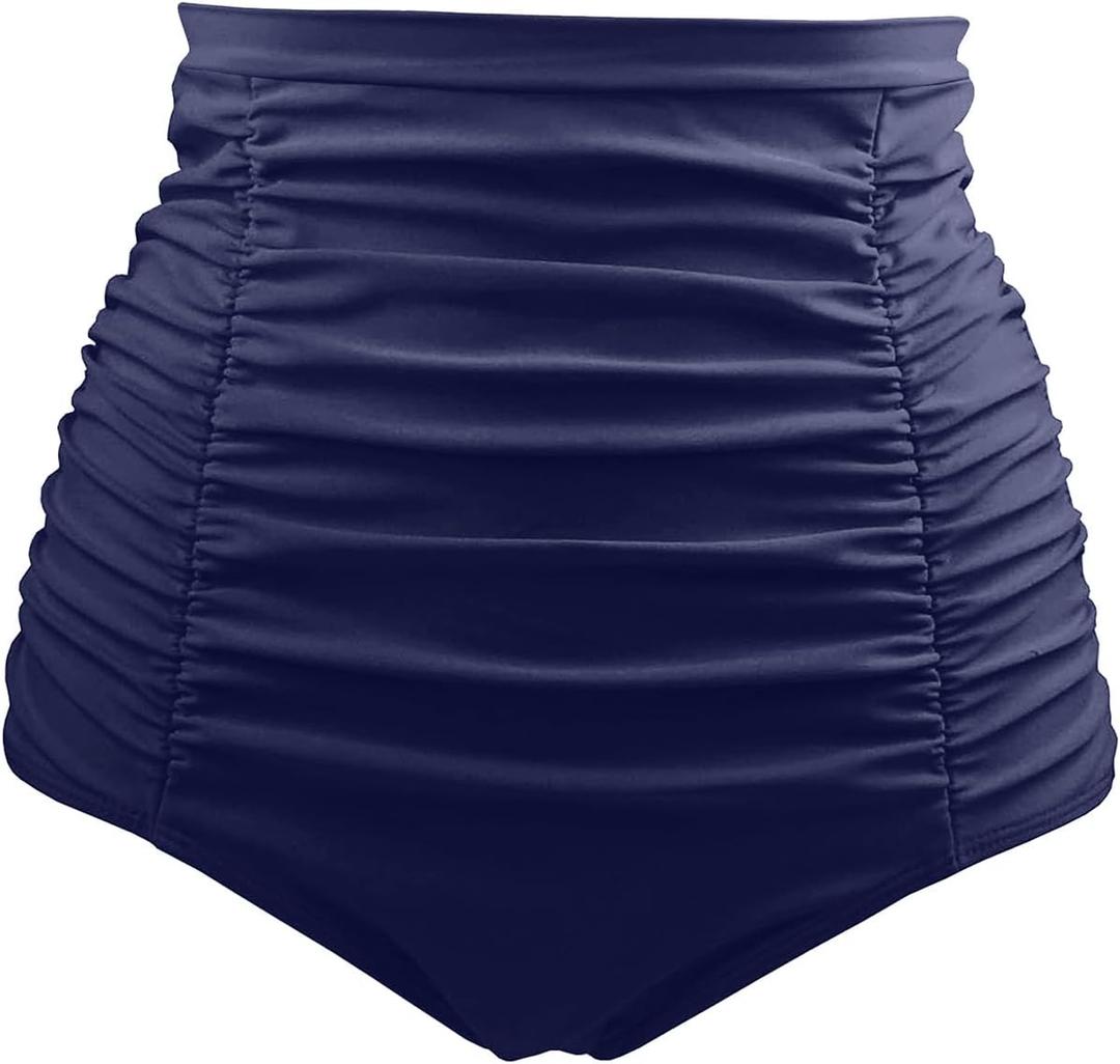 Tempt Me Women's High Waisted Swimsuit Bottom Tummy Control Ruched Bikini Bottom Vintage Swim Bottom Tankini Briefs (Large, 1 Navy Blue)