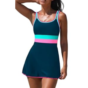popvil Women One Piece Swimdress Swimsuit Neon Tummy Control Bathing Suit Swim Dress with Shell Trim U Neck Swimwear, Teal, X-Large