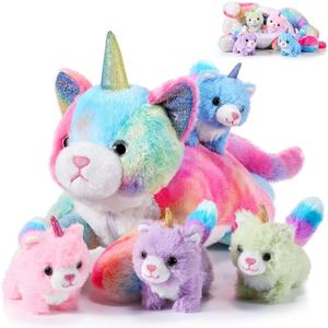 5 Pieces Caticorn Plush Toy Set 16 Inch Mommy Cat Unicorn Stuffed Animal with 4 Cute Plush Baby Kittens Pastel Rainbow Caticorn Toy Set for Boys Girls Birthday Gift Kpop Party Favors