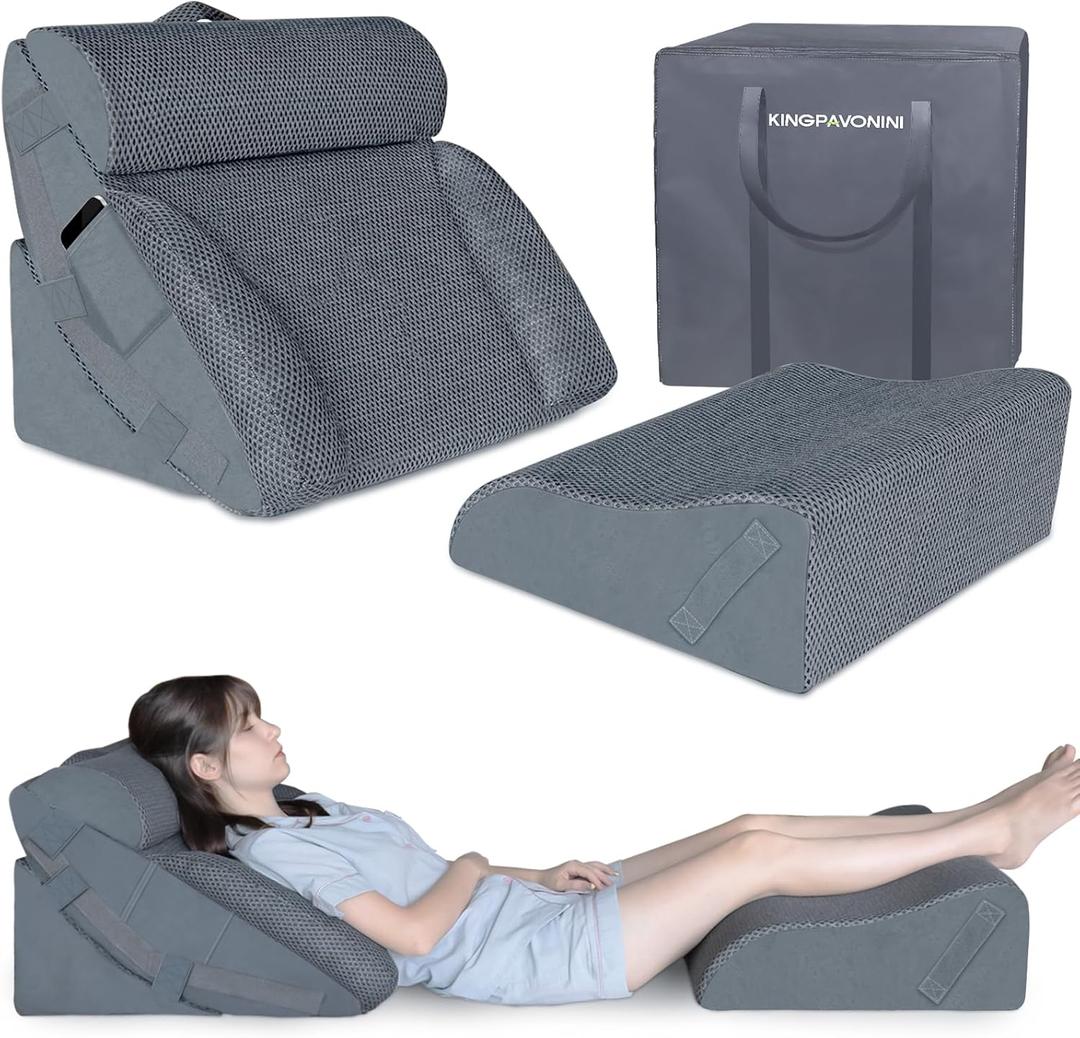 KingPavonini 4PCS Bed Wedge Pillow Post Surgery, Orthopaedic Sleeping Wedge Pillow Set for Neck, Back and Leg Pain Relief, Acid Reflux, GERD, Wedge Pillow for Sleep Apnea with Travel Bag (4 Piece Set - 21.7" Wide, Gray)
