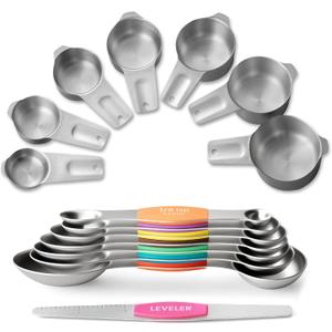 Stainless Steel Measuring Cups & Spoons Set, EWFEN Kitchen Tools Nesting Measuring Cups and Spoons, Fits in Spice Jars for Baking & Cooking, BPA Free, Set of 15 with Leveler, Multicolor