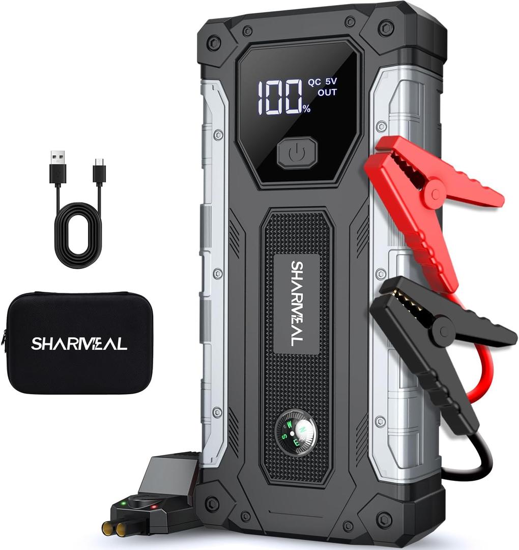 Sharmeal Car Jump Starter 5000A, Jump Starter Battery Pack for 10.0L Gas and 9.0L Diesel, 12V Portable Jump Box with LED Light (5000A+Charging Cable)
