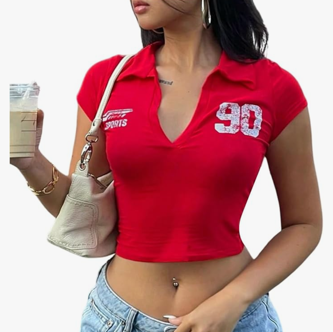 SOLY HUX Women's Y2k Crop Top Summer Collared V Neck Short Sleeve Graphic T-Shirts Streetwear M