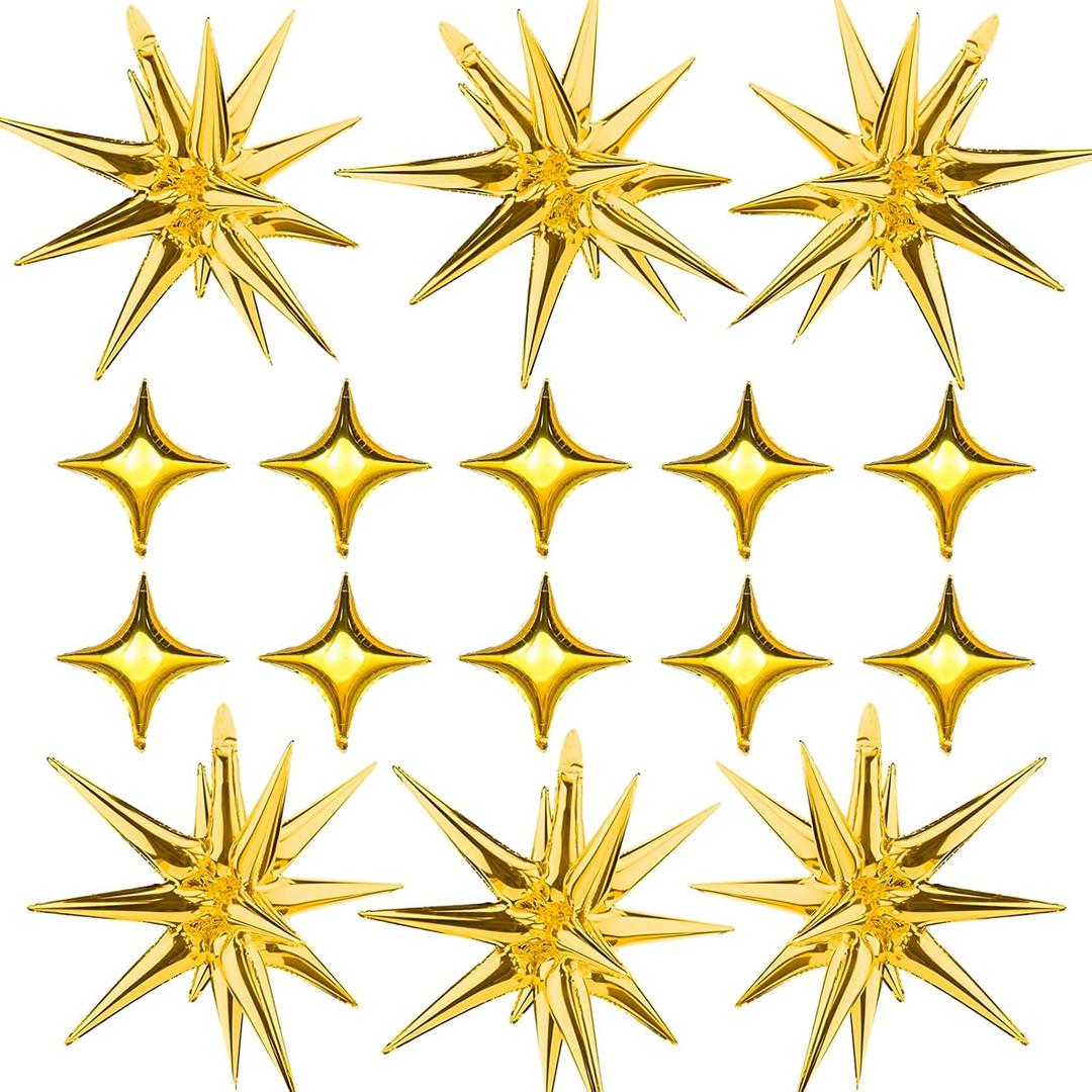 Gold Star Foil Balloons Kit - 6 Pack 12 Point Starburst Cone and Spike Balloons With 10Pcs Four Pointed Stars for Wedding, Baby Shower, Photo Booth, Birthday Party Supplies