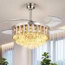 i-POOK Fandelier Ceiling Fan with Lights and Remote, 42'' Crystal Chandelier Fan with 4 Retractable Blades, 6 Wind Speeds, for Bedroom, Living Room, Silver
