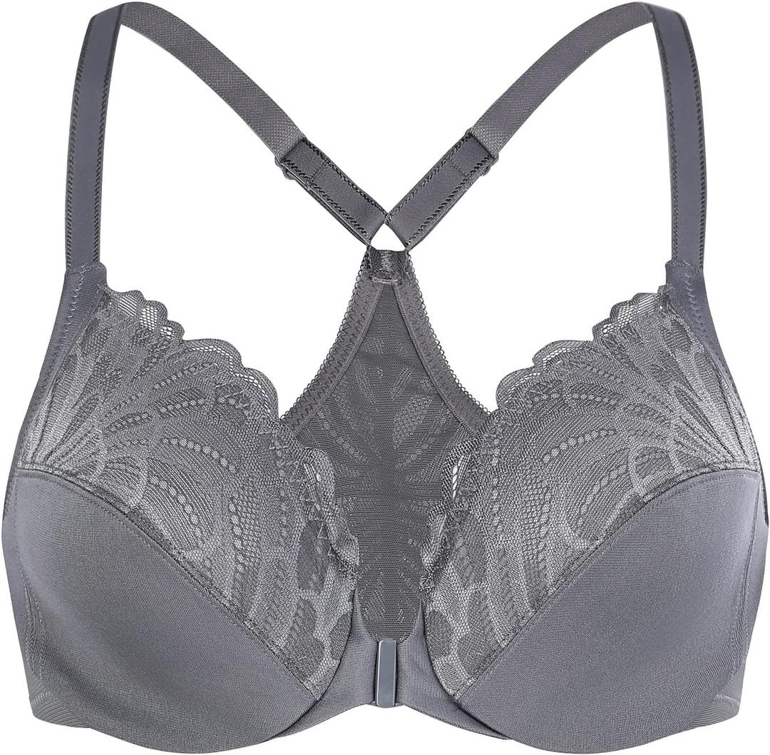 MELENECA Women's Front Closure Plus Size Underwire Racerback Bra | Full coverage cups with unlined comfort, easy front fastening and supportive design for everyday wear and active lifestyles. (Gray, 34DD)