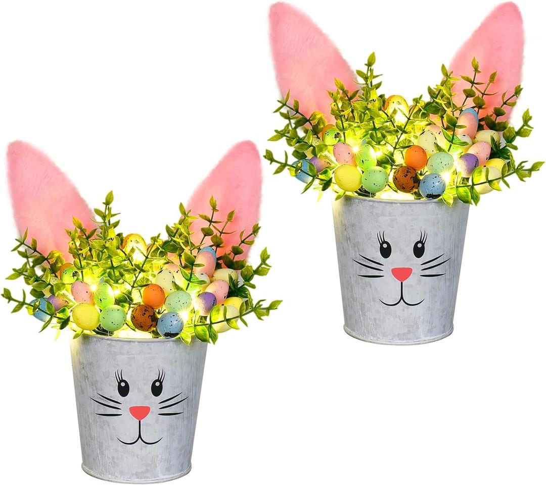 KC&KST 2 Pcs Easter Decorations Indoor Artificial Flower with Bunny Ear, Lighted Bunny Desk Decor with Colorful Eggs, Perfect Easter Table Decorations for Home & Spring Party Centerpieces