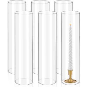 6 Pcs Hurricane Candle Holder Sleeve, H:14" D:4" Bottomless Glass Cylinder Candleholder Tall Clear Glass Cylinder Open Both Ends, Chimney Tube Cover, Open Ended Candle Shade