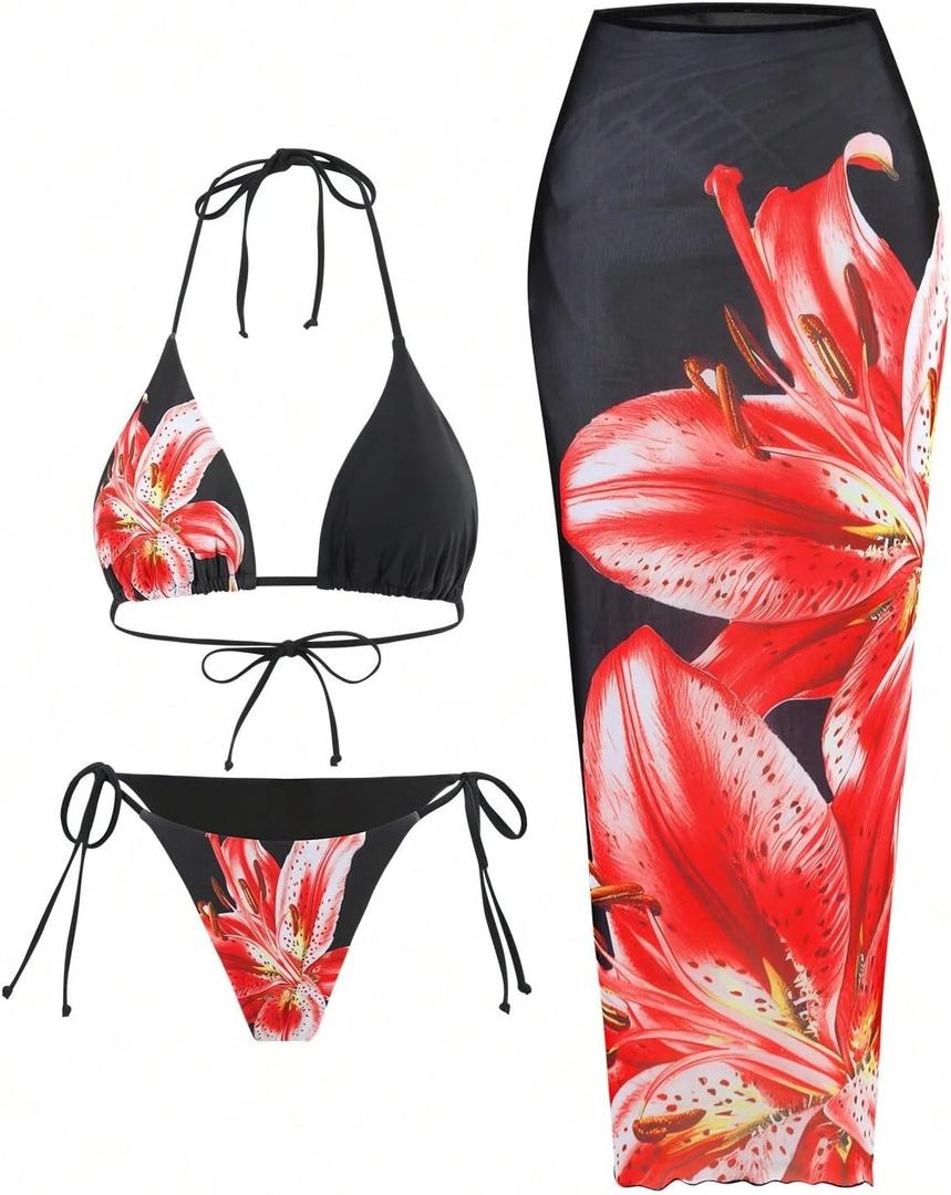ZAFUL Womens 3pcs Swimsuit Floral Halter Triangle Bikini Top Tie Side Bottom with Long Sheer Cover Up Skirt (Large, 0-red)