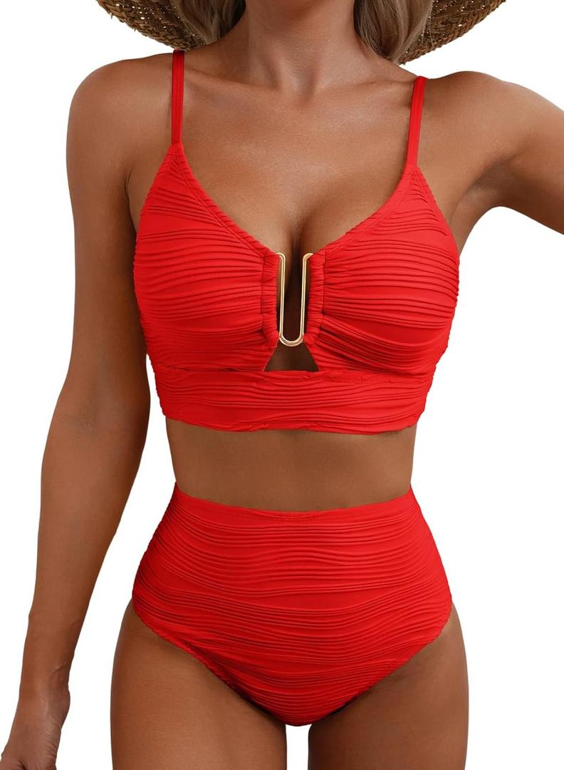 Herseas 2 Piece Bikini Set U-Wire Cutout Popular Swimsuit High Waisted Textured 2026 Summer Beach Swim Bathing Suits (Large)