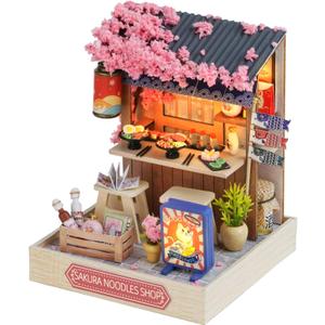 Kisoy Dollhouse Miniature with Furniture Kit, DIY 3D Wooden DIY House Kit with Dust Cover, Handmade Tiny House Toys for Teens Adults Gift (Sakura Noodles Shop)