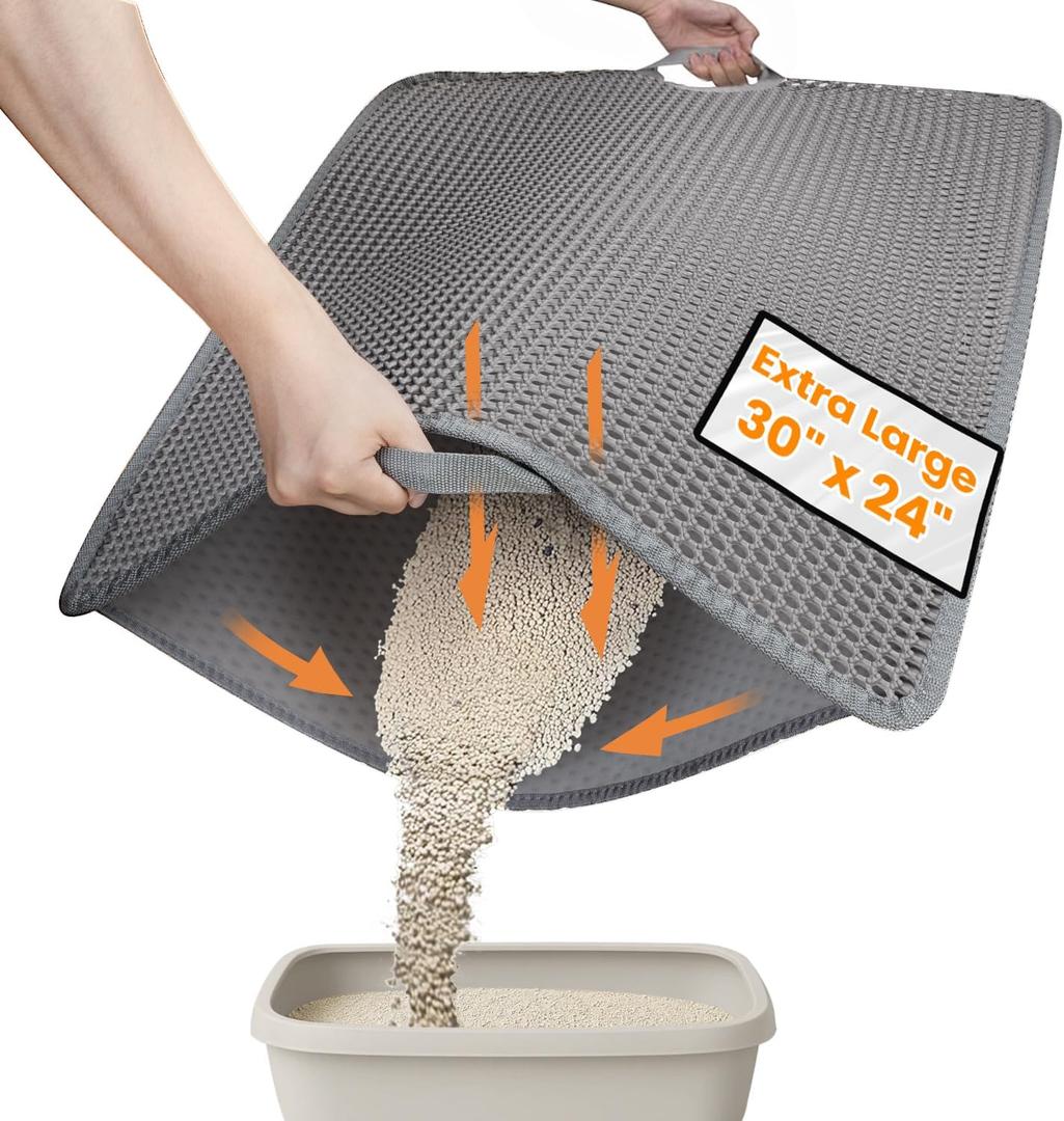 Cat Litter Mat-30"X24" Jumbo Litter Trapping Mat EVA Honeycomb,Urine & Waterproof Scatter Control Matt for Cat with Handle Design Easier to Clean, Less Waste, Soft On Paws, Gray