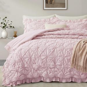 BEDAZZLED Queen (90”*88“) Size Comforter Sets, Pink Bedding Comforter Set, 3 Pieces Pinch Pleat Bedding Sets with Comforter and Pillowcases Soft Farmhouse Shabby Chic Comforter for All Seasons