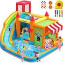 FBSPORT Inflatable Bounce House Water Slide, Bounce House for Kids with Toy Market Stand Splash Pool Bouncer Climbing Wall Water Gun Ball Dart, Bouncy Castle W/620W Blower for Outdoor Indoor, Red