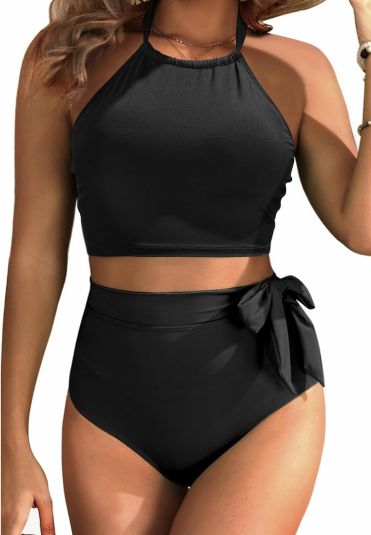 Tempt Me Women High Waisted Bikini Sets - Two Piece Swimsuit High Neck Bathing Suits Tummy Control Swimwear, Size XL