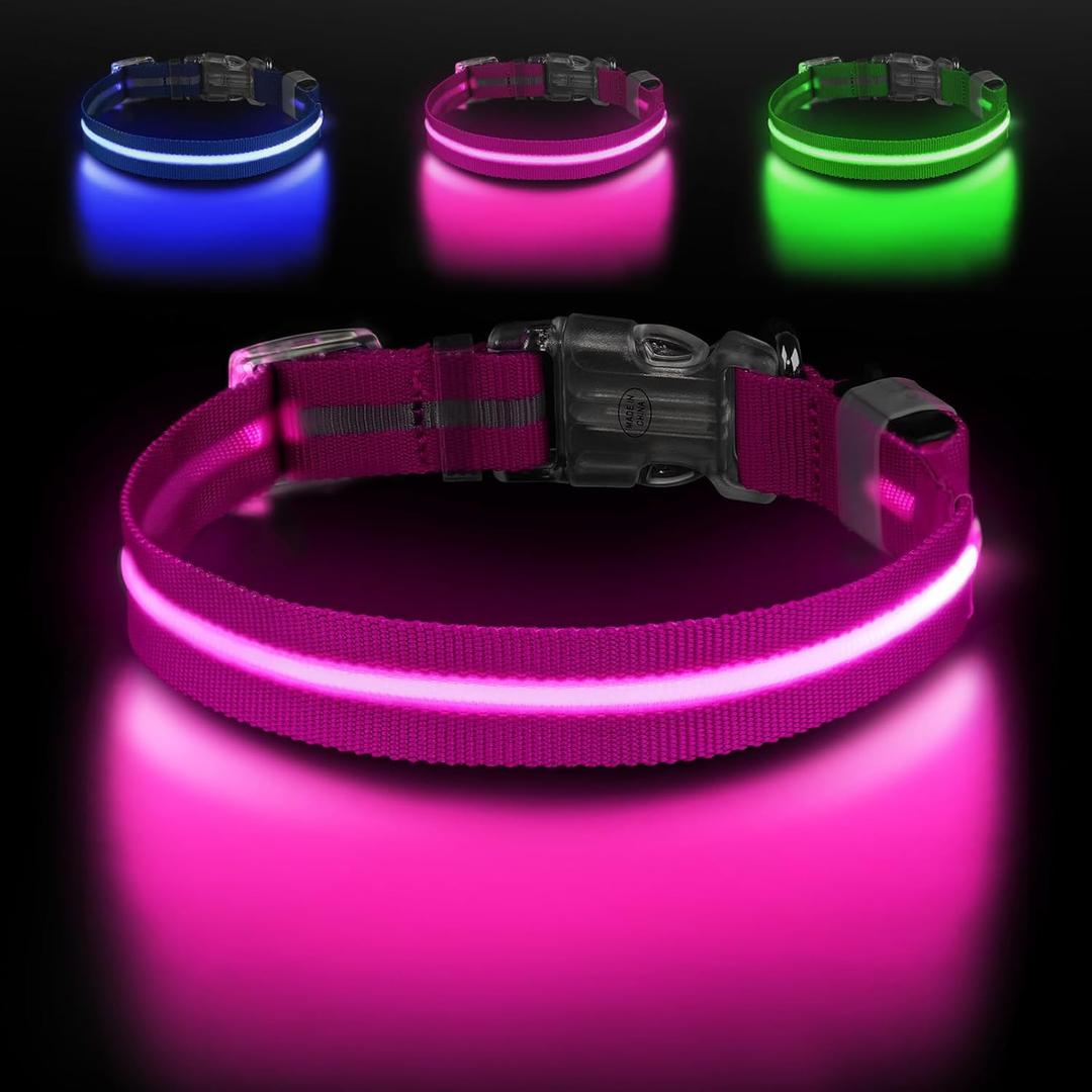 Light Up Dog Collar, Adjustable USB Rechargeable Glow in Dark Dog Collar Waterproof Dog Collars for Small Dogs (Pink, Small)