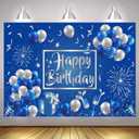 Blue and Silver Birthday Backdrop Indoor Outdoor Decorations Birthday Party Supplies Photography Background for Favor Boys Girls Kids Men Women 5x3ft