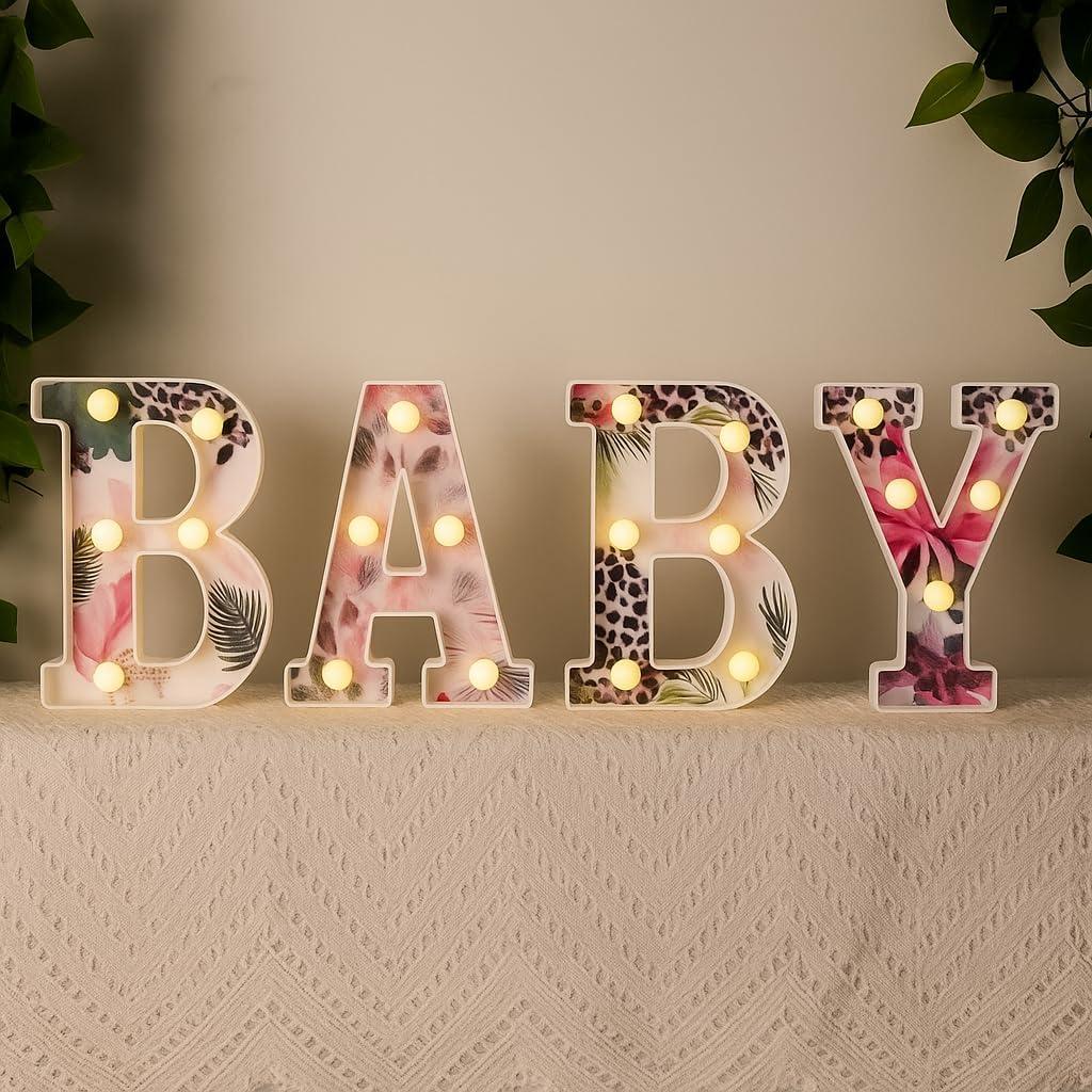Realspring Baby Shower Sign Babe Marquee LED Letters Battery Operated Light up Centerpieces Glowing Home Table Party Decor for Boy Girl Gender Reveal Birthday, 8.26''(Leopard,Pink)