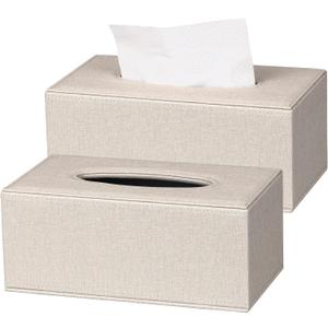 2 Pack Tissue Box Cover, Leather Tissue Box Holder, Stylish Tissue Box Holder with Magnetic Bottom, Rectangle Tissue Box for Vanity, Toilet Tank, Counter, Night Stand, Office, Car, Beige