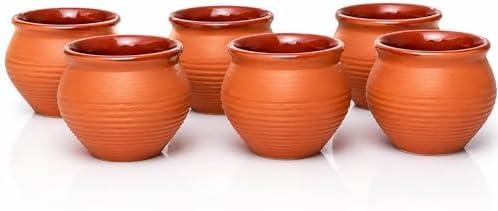 Handmade Traditional Kulhad Chai Coffee Mug Cup Cantaritos Set of 5 Glazed Earthenware Glossy Finish Clay Terracotta Artisanal Studio Pottery Mud Brown Food Safe Natural Rustic Eco-Friendly
