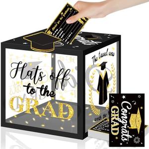 Class of 2025 Graduation Card Box with 30 Pcs Advice Cards, Black Gold Graduation Card Box Holder with LED Light Congrats Grad Gift Card Box for School College 2025 Graduation Party Decor