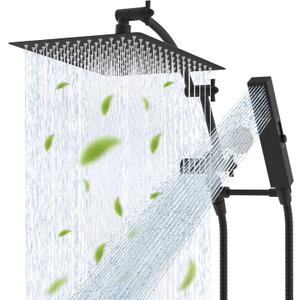 Hibbent All Metal CUPC Certified 12'' Rainfall Shower Head, Dual Shower Head Combo, High Pressure Handheld 4 Sprays Shower Wand, 16'' Adjustable Extension Arm, 71'' Hose, Shower Holder, Matte Black