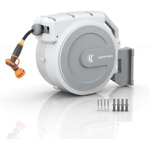 Giraffe Tools Retractable Garden Hose Reel, 5/8 in x 90 ft Heavy Duty Hose Reel With 9 Pattern Nozzle, Any Length Lock, Wall Mount Water Hose Reel, 180Swivel, Light Grey