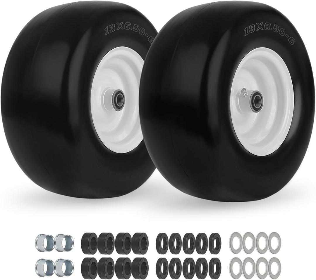 GICOOL 2-Pack 13x6.50-6 Flat Free Lawn Mower Tire and Wheel Assembly, 13" Smooth Tread Solid PU Tire with 3/4" or 5/8" Bearing, 4"-6.5" Adjustable Centered Hub for Lawn Mowers & Garden Tractors
